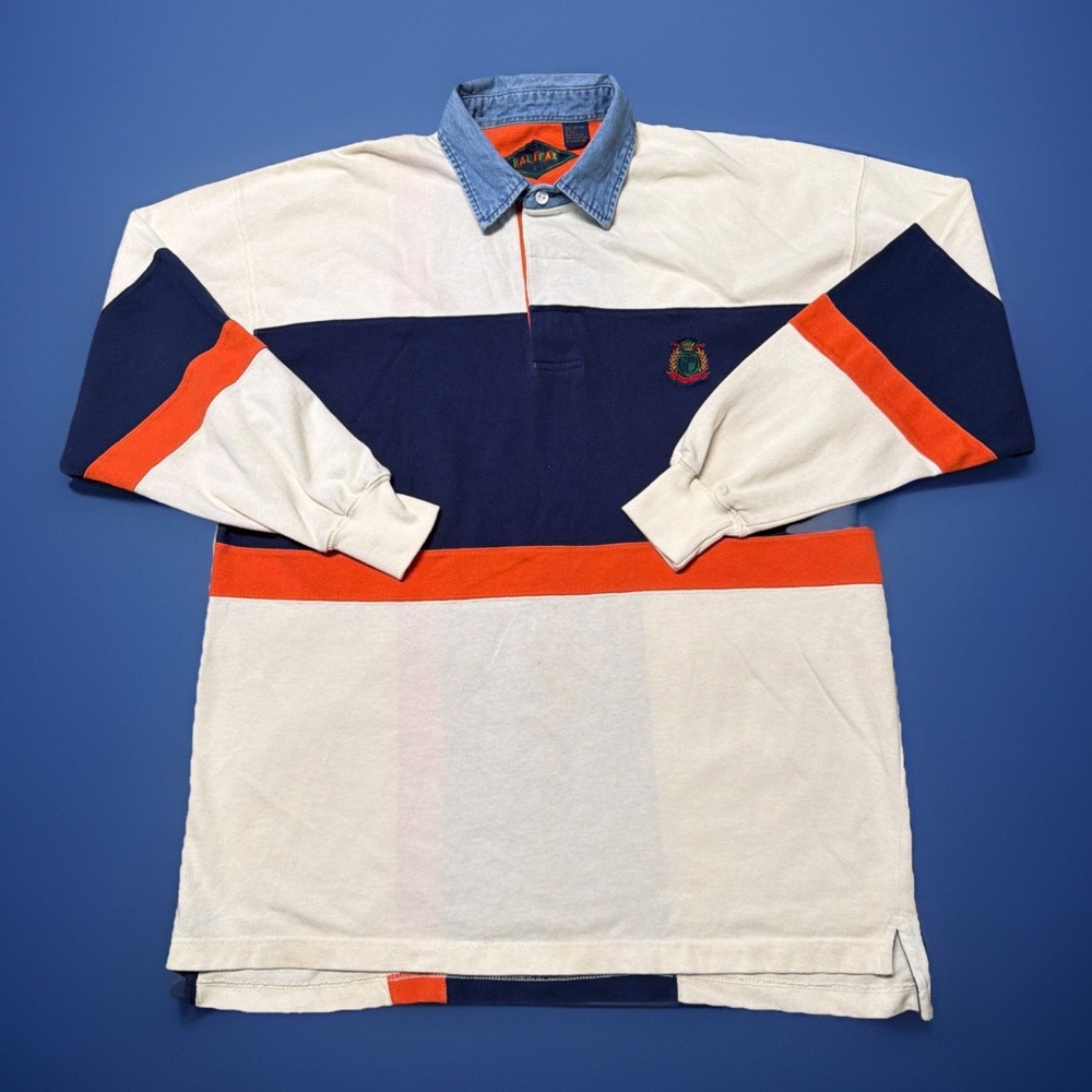 Vintage Halifax Rugby Shirt‎ Mens XL Heavy Cotton 90s Denim Collar Colorblock
